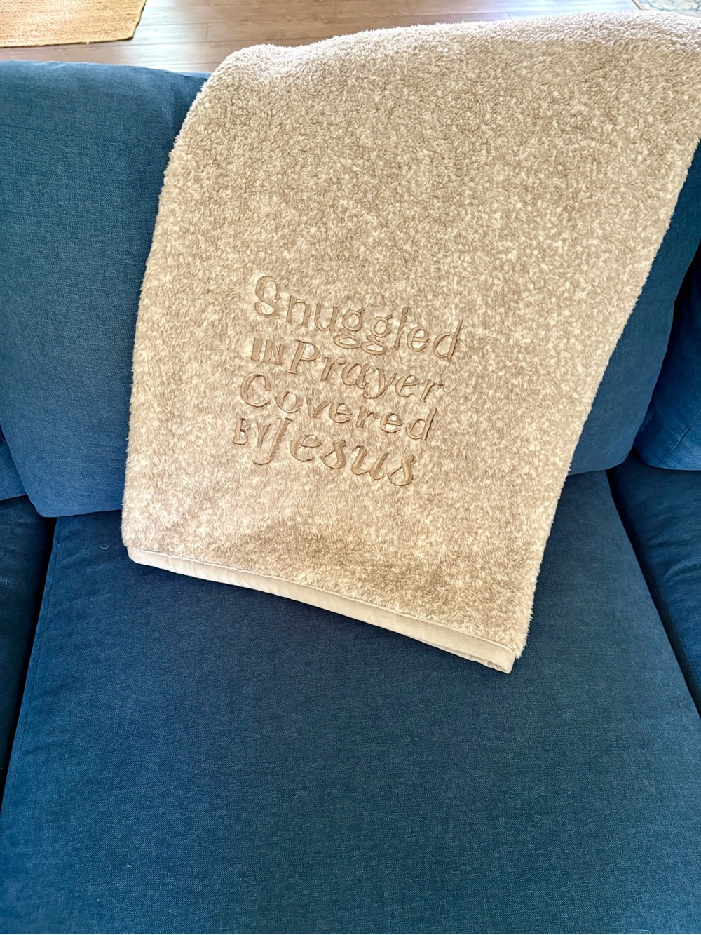 Plush Beige Sherpa Throw Blanket - Snuggled in Prayer